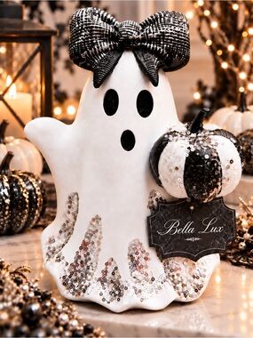 Bella Lux Sequined Girl Ghost Holding Pumpkin Figurine